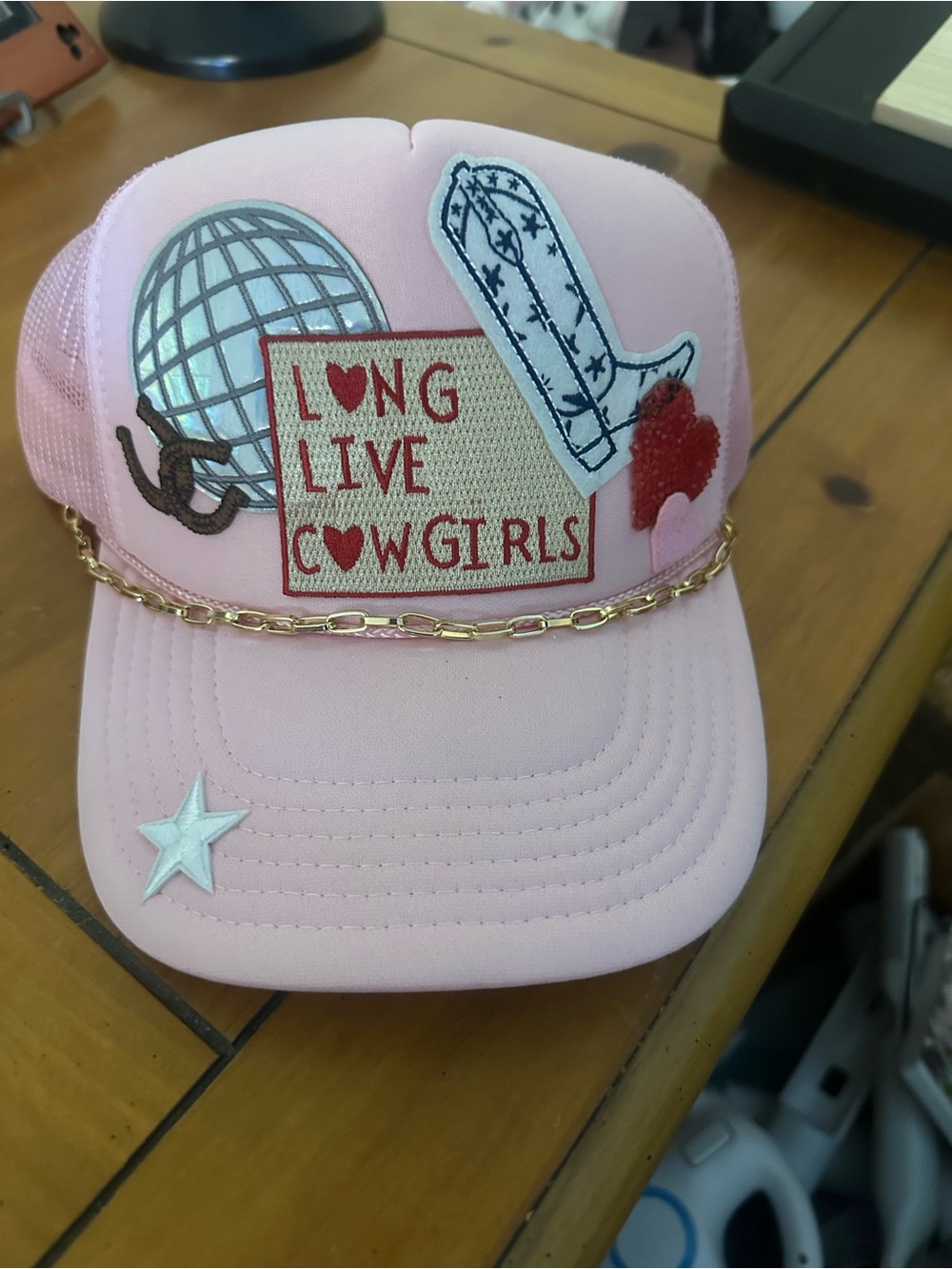 Source Unknown Pink Kids Trucker Hat with Cowboy Patch and Gold Chain